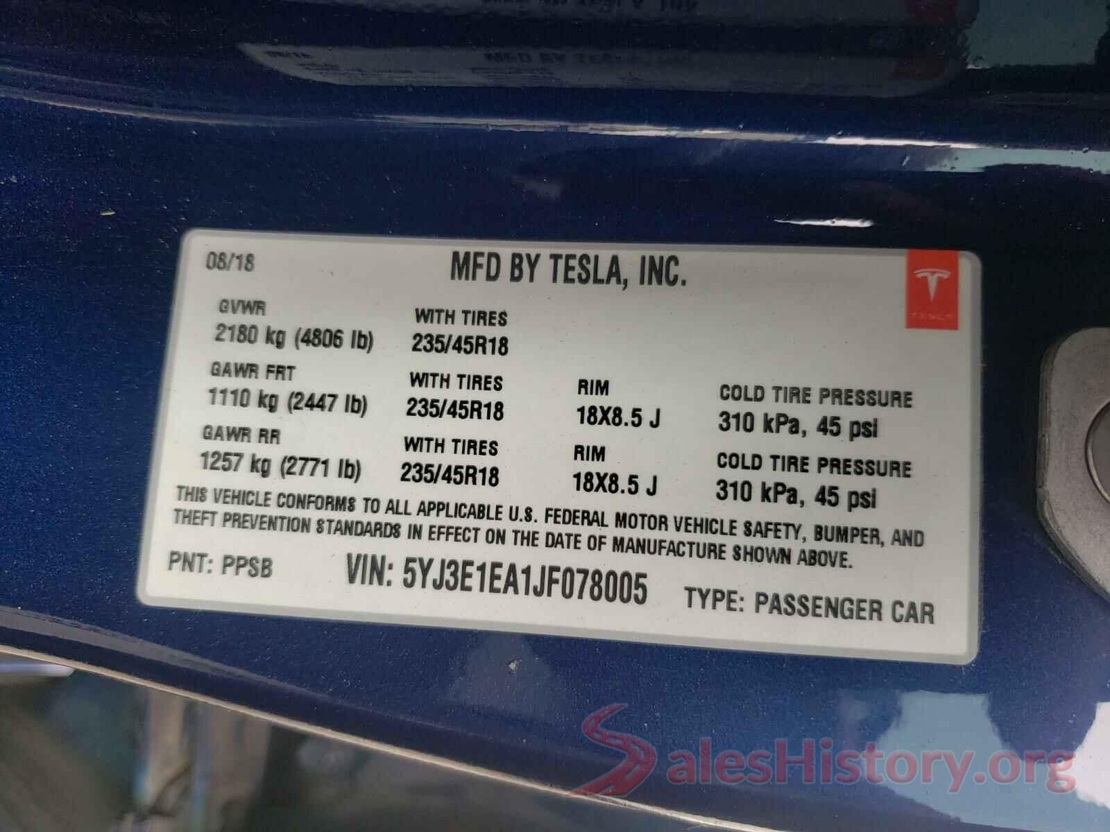 5YJ3E1EA1JF078005 2018 TESLA MODEL 3