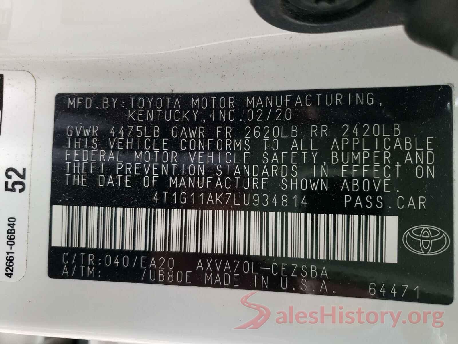 4T1G11AK7LU934814 2020 TOYOTA CAMRY