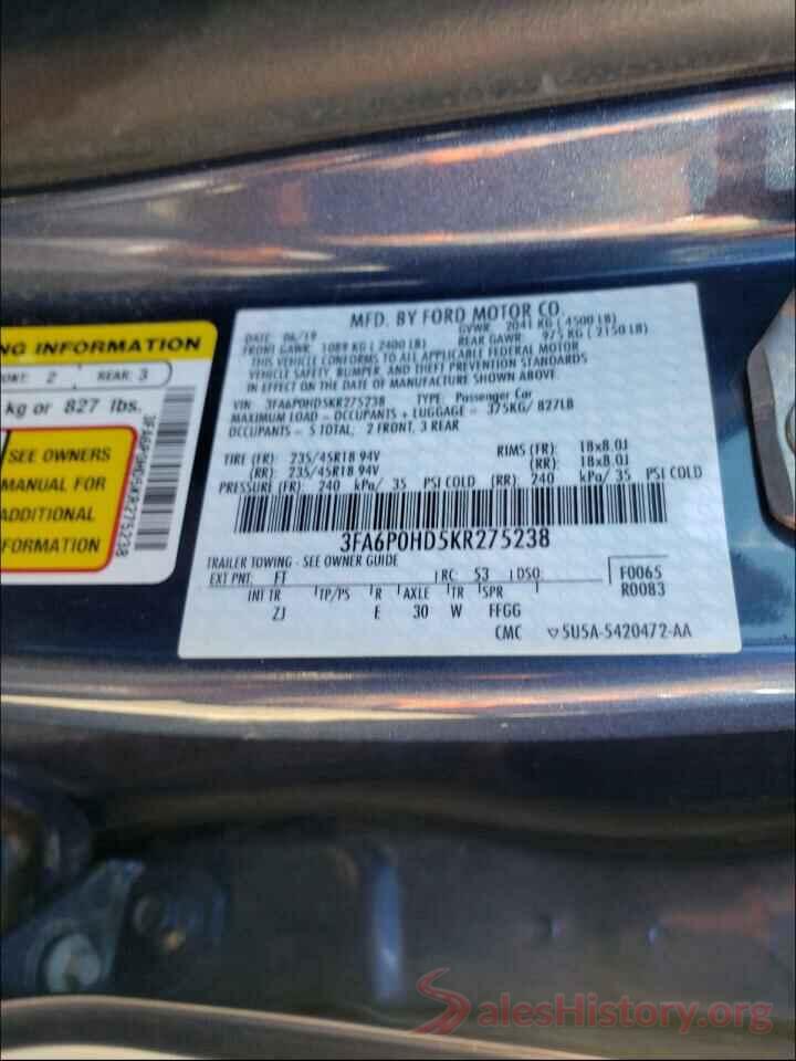 3FA6P0HD5KR275238 2019 FORD FUSION