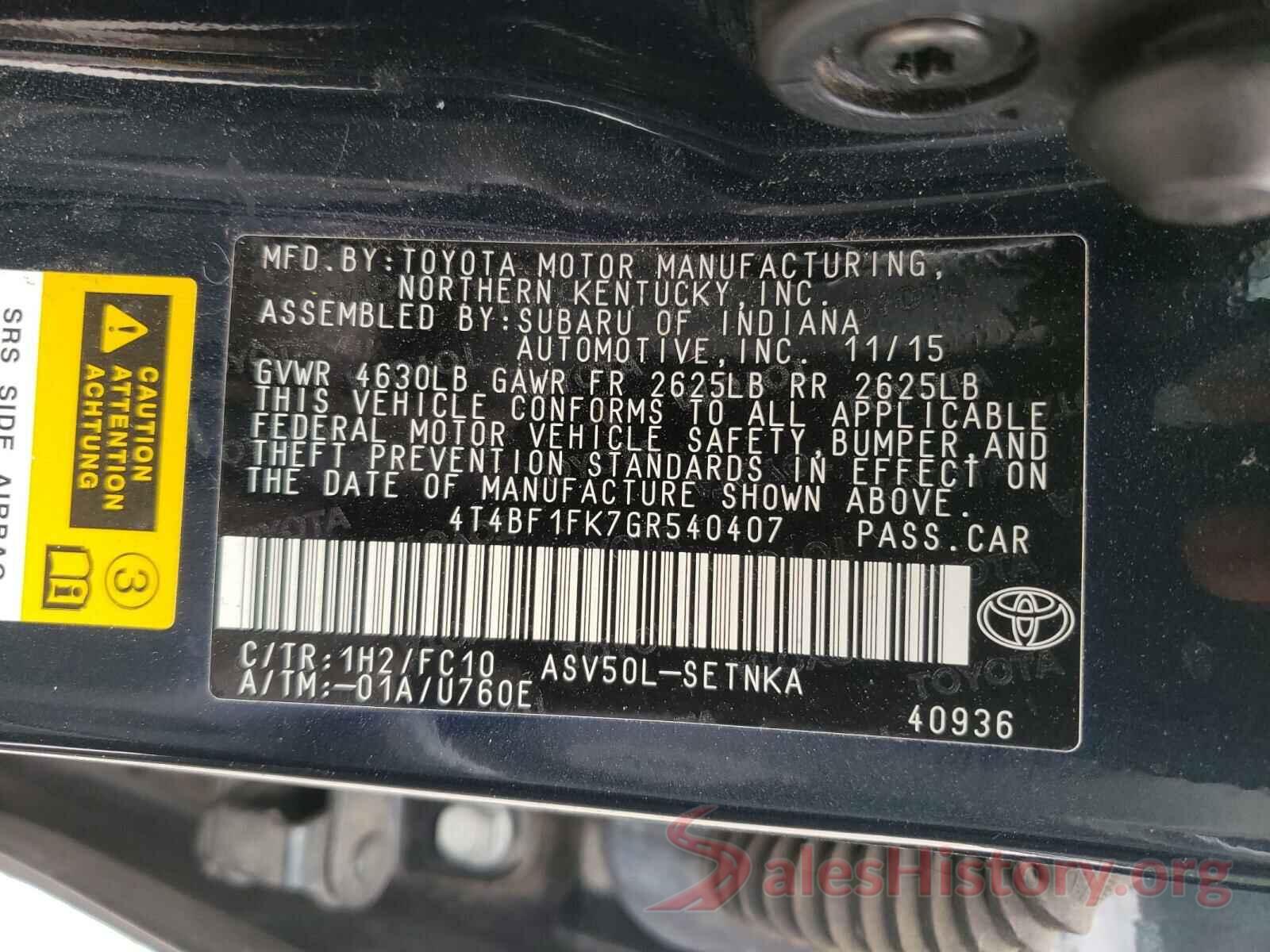 4T4BF1FK7GR540407 2016 TOYOTA CAMRY