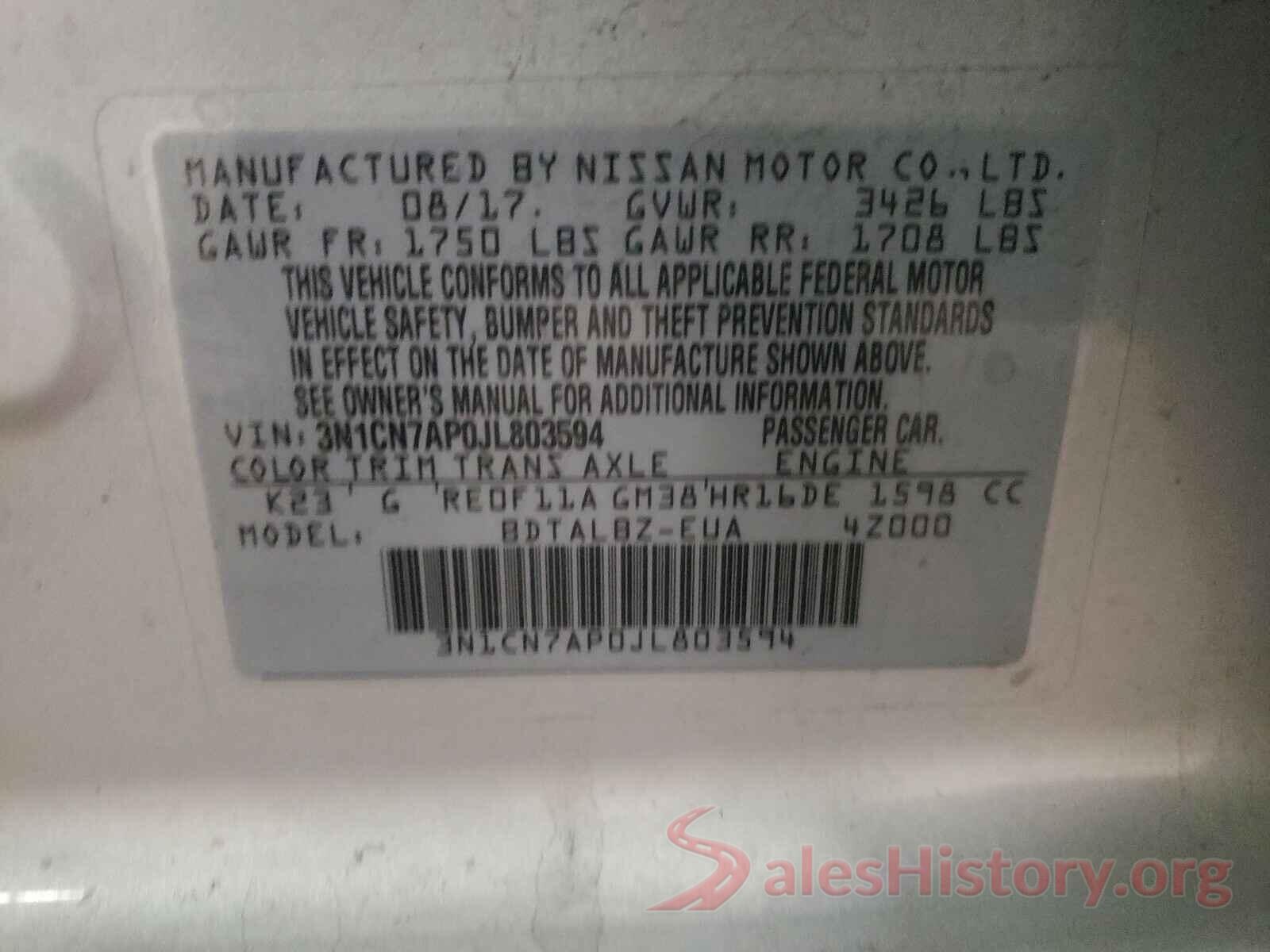 3N1CN7AP0JL803594 2018 NISSAN VERSA