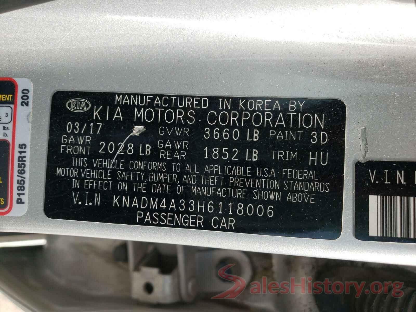 KNADM4A33H6118006 2017 KIA RIO