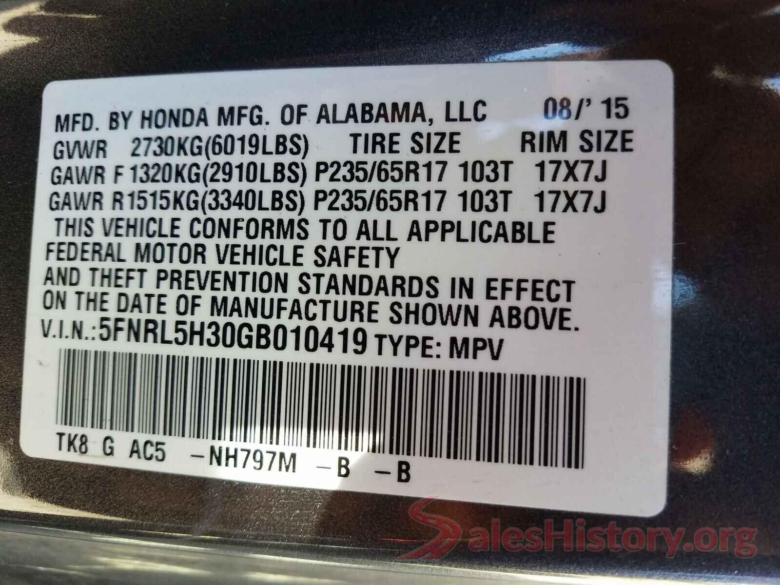 5FNRL5H30GB010419 2016 HONDA ODYSSEY