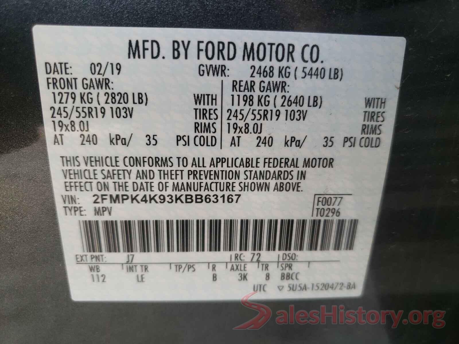 2FMPK4K93KBB63167 2019 FORD EDGE