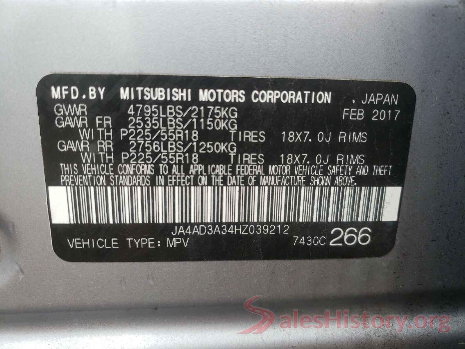 JA4AD3A34HZ039212 2017 MITSUBISHI OUTLANDER