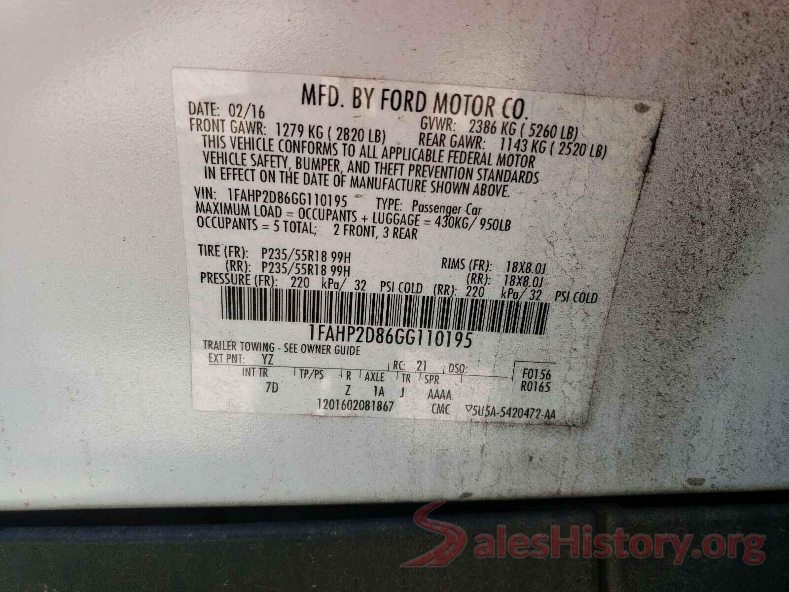 1FAHP2D86GG110195 2016 FORD TAURUS