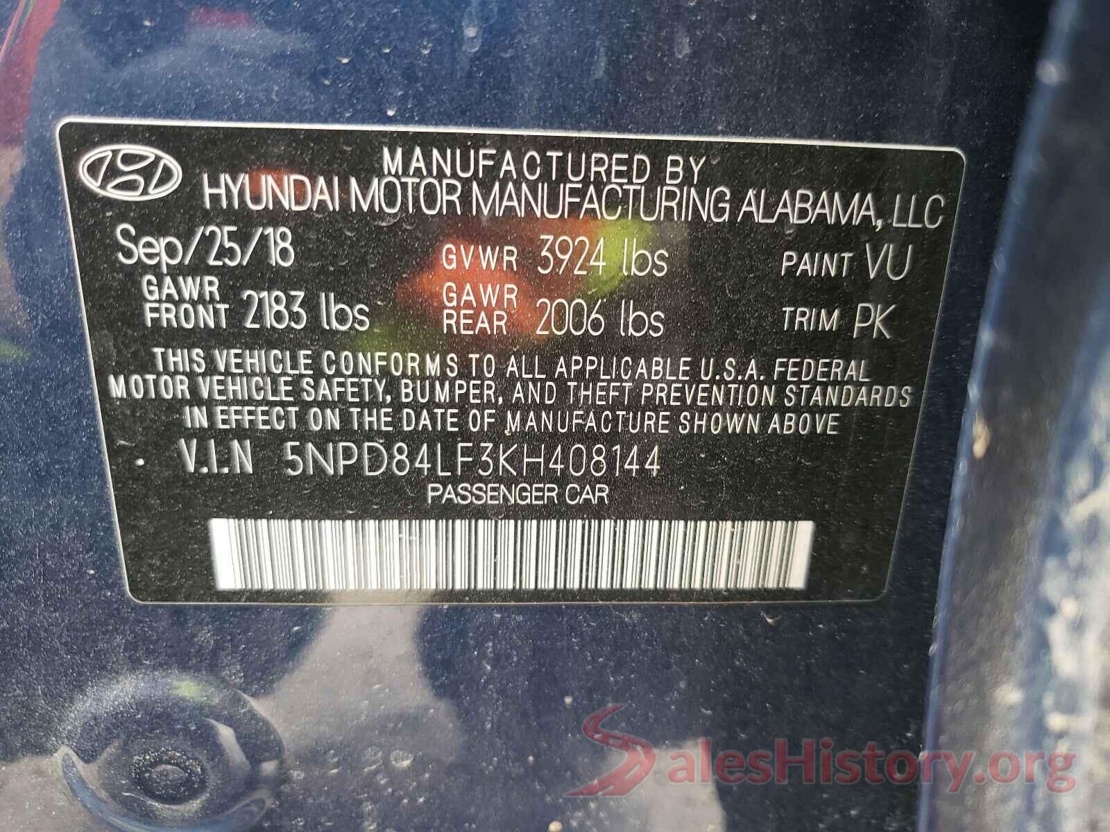 5NPD84LF3KH408144 2019 HYUNDAI ELANTRA