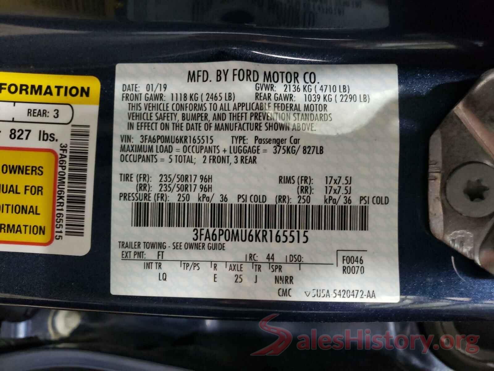 3FA6P0MU6KR165515 2019 FORD FUSION