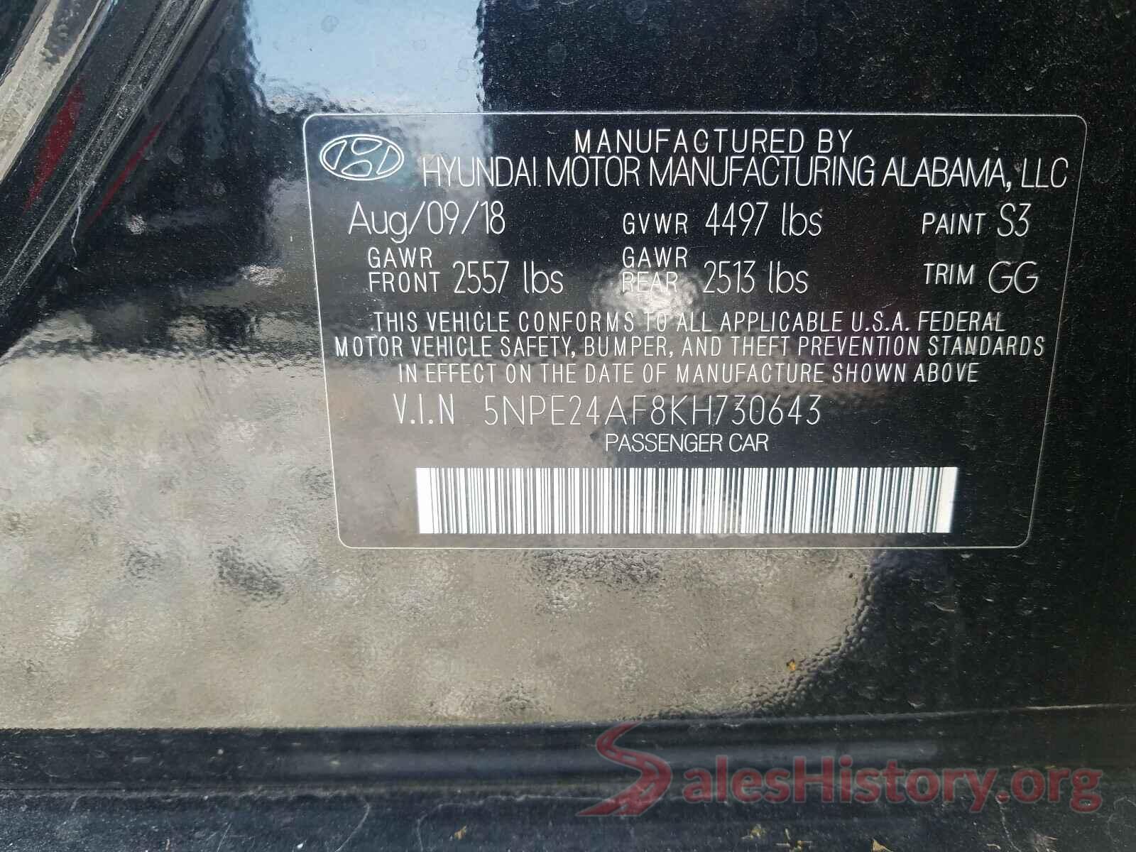 5NPE24AF8KH730643 2019 HYUNDAI SONATA