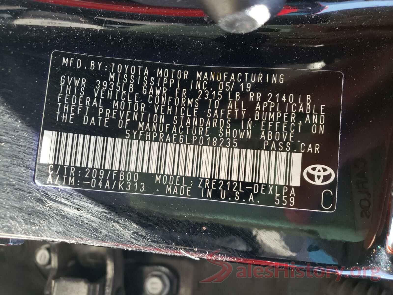 5YFHPRAE6LP018235 2020 TOYOTA COROLLA