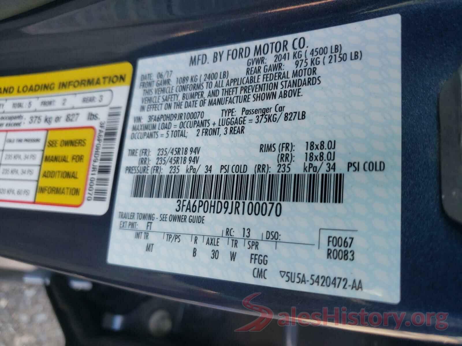 3FA6P0HD9JR100070 2018 FORD FUSION