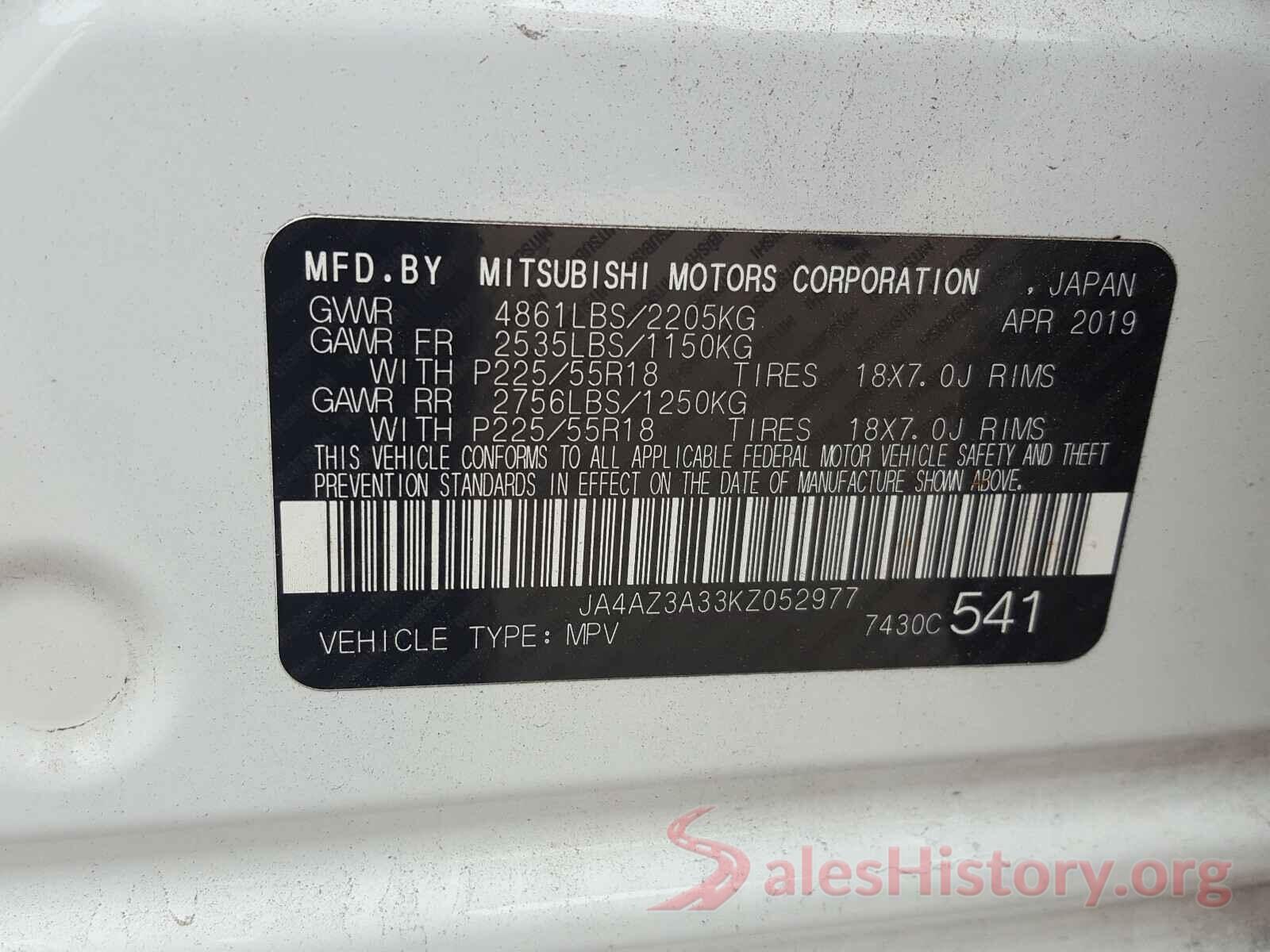 JA4AZ3A33KZ052977 2019 MITSUBISHI OUTLANDER