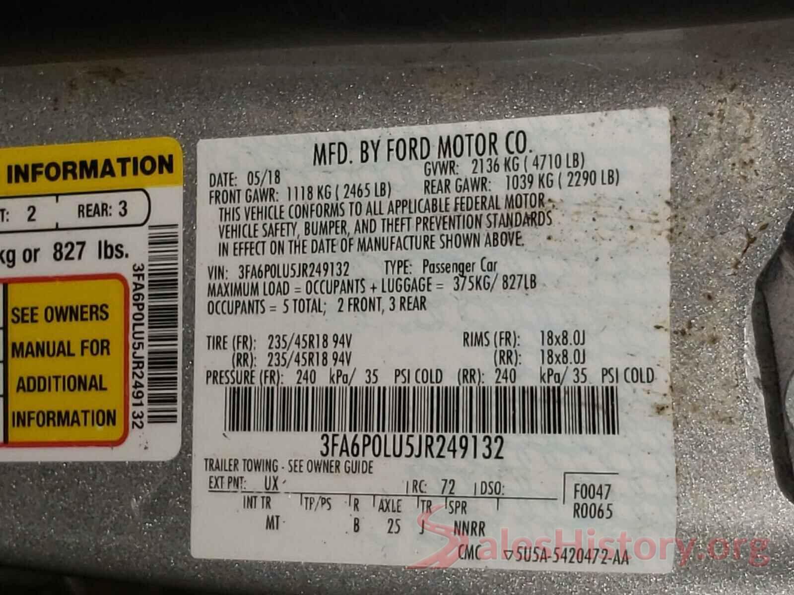 3FA6P0LU5JR249132 2018 FORD FUSION