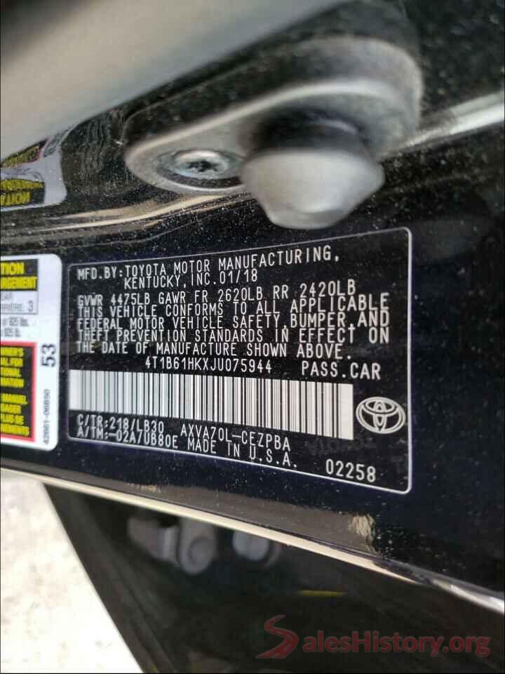 4T1B61HKXJU075944 2018 TOYOTA CAMRY