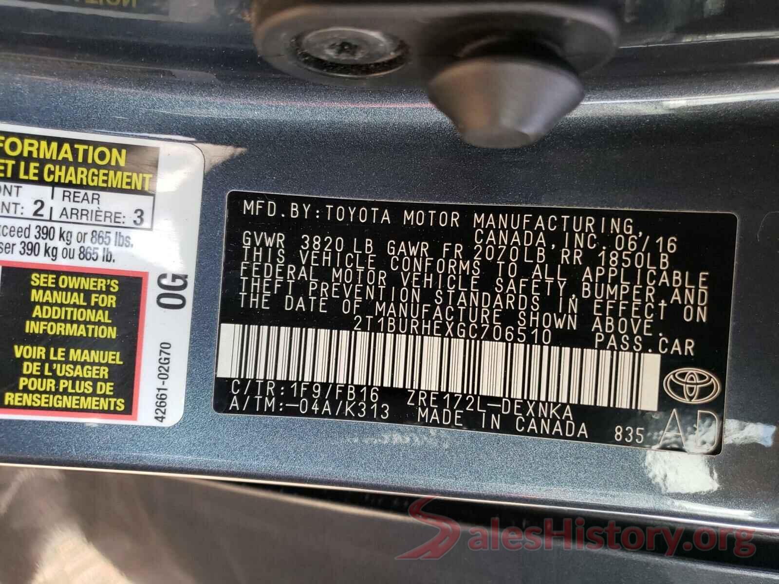 2T1BURHEXGC706510 2016 TOYOTA COROLLA