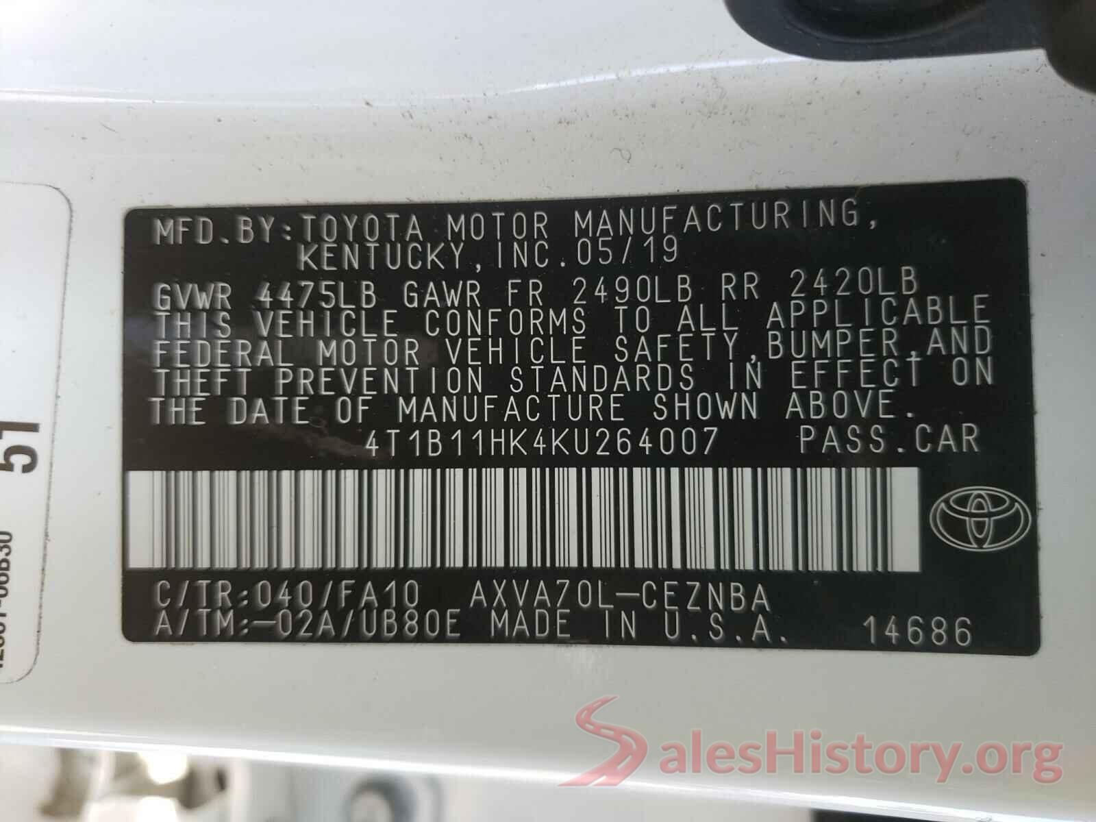 4T1B11HK4KU264007 2019 TOYOTA CAMRY