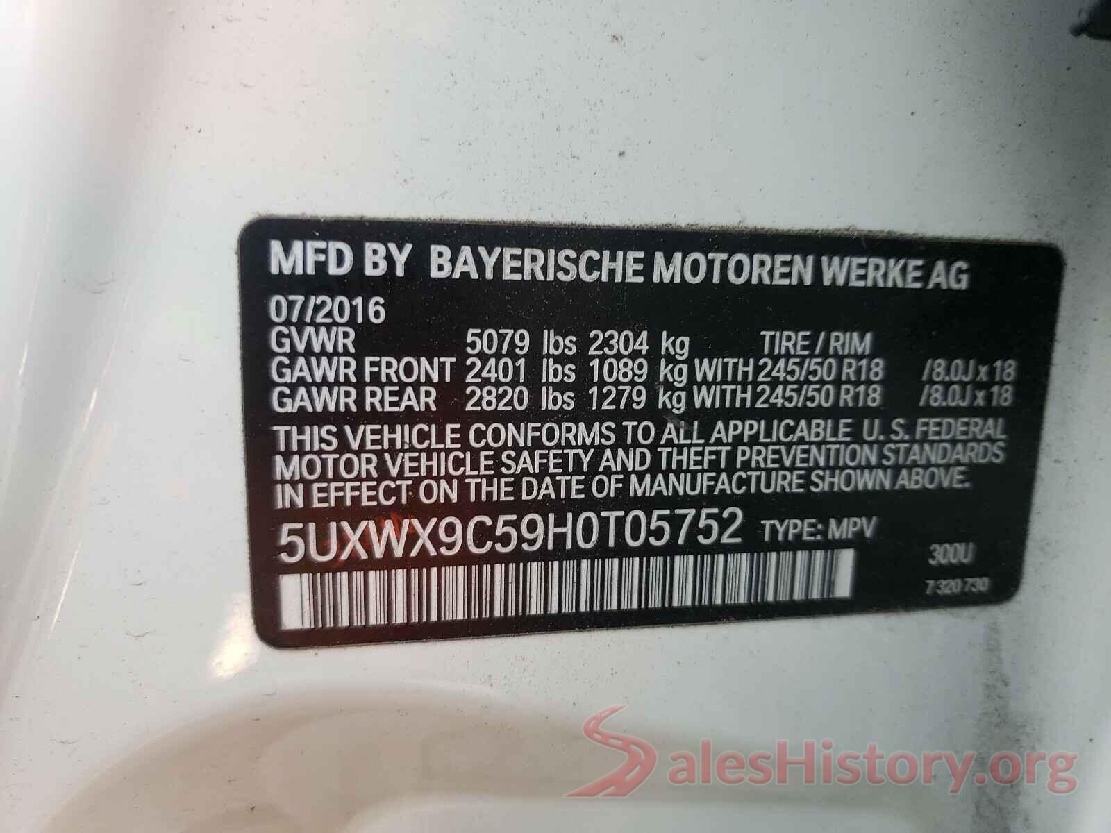 5UXWX9C59H0T05752 2017 BMW X3