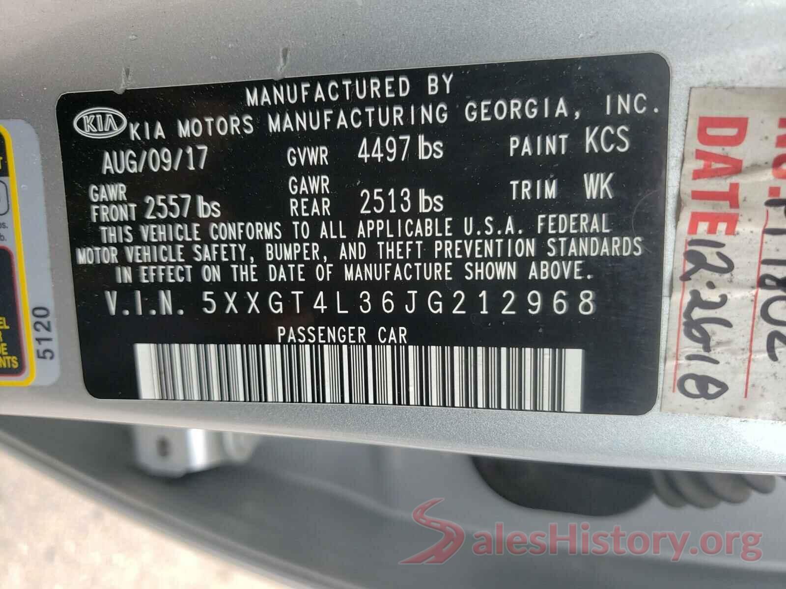 5XXGT4L36JG212968 2018 KIA OPTIMA