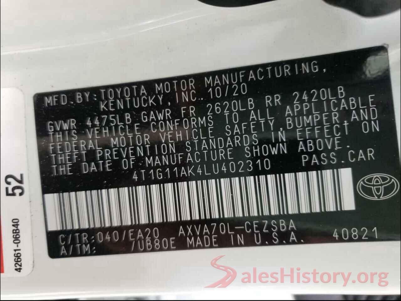 4T1G11AK4LU402310 2020 TOYOTA CAMRY