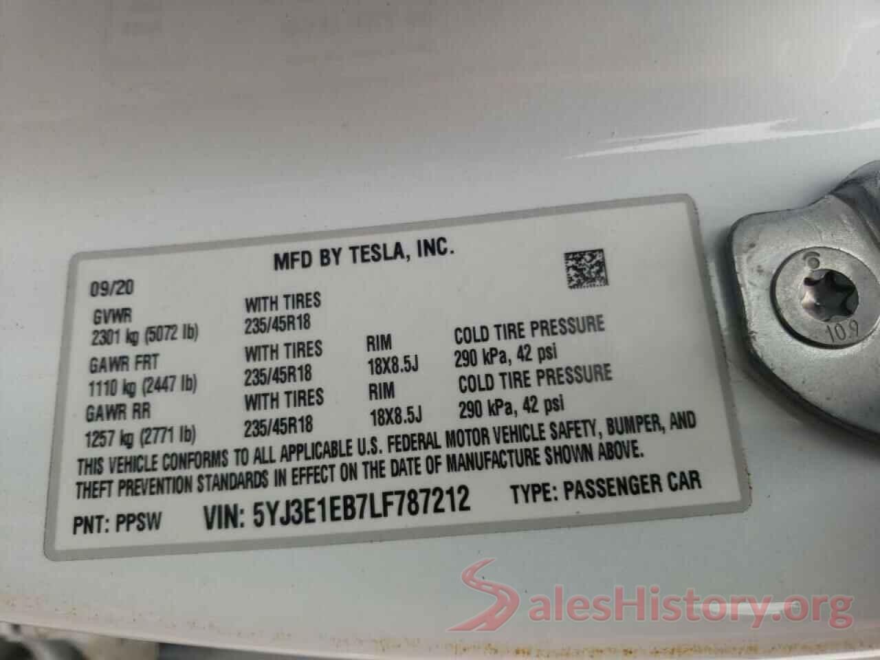 5YJ3E1EB7LF787212 2020 TESLA MODEL 3