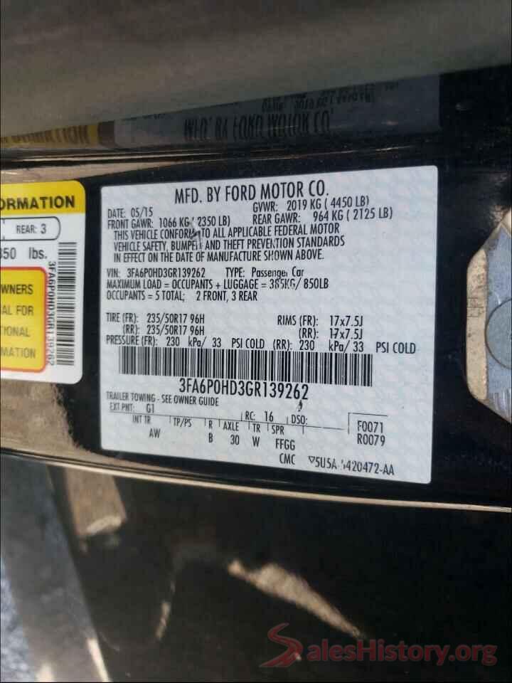 3FA6P0HD3GR139262 2016 FORD FUSION