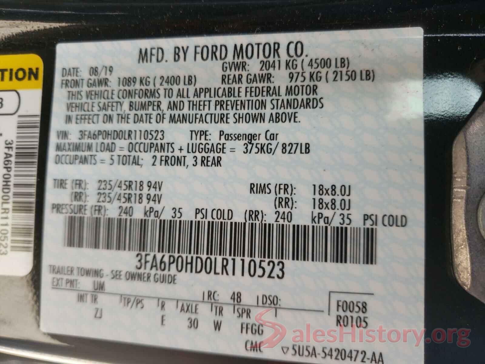 3FA6P0HD0LR110523 2020 FORD FUSION