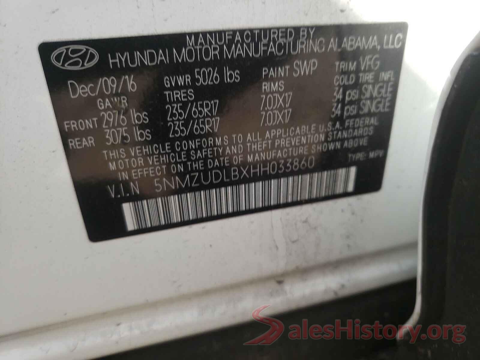 5NMZUDLBXHH033860 2017 HYUNDAI SANTA FE