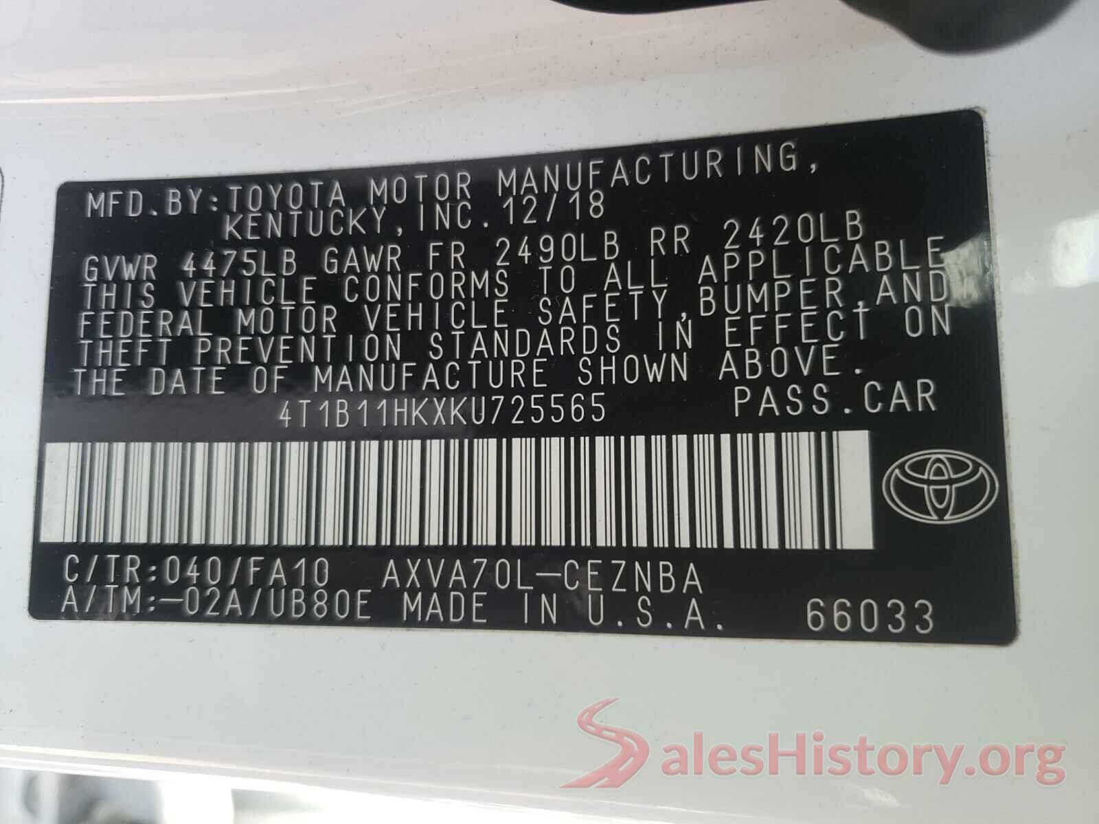 4T1B11HKXKU725565 2019 TOYOTA CAMRY