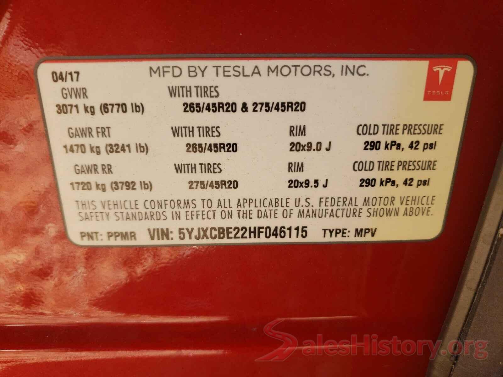 5YJXCBE22HF046115 2017 TESLA MODEL X