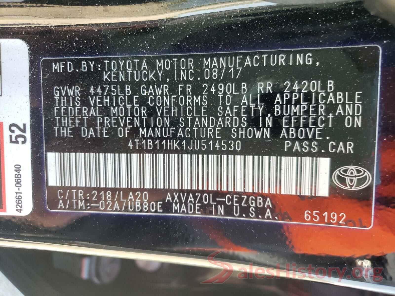 4T1B11HK1JU514530 2018 TOYOTA CAMRY