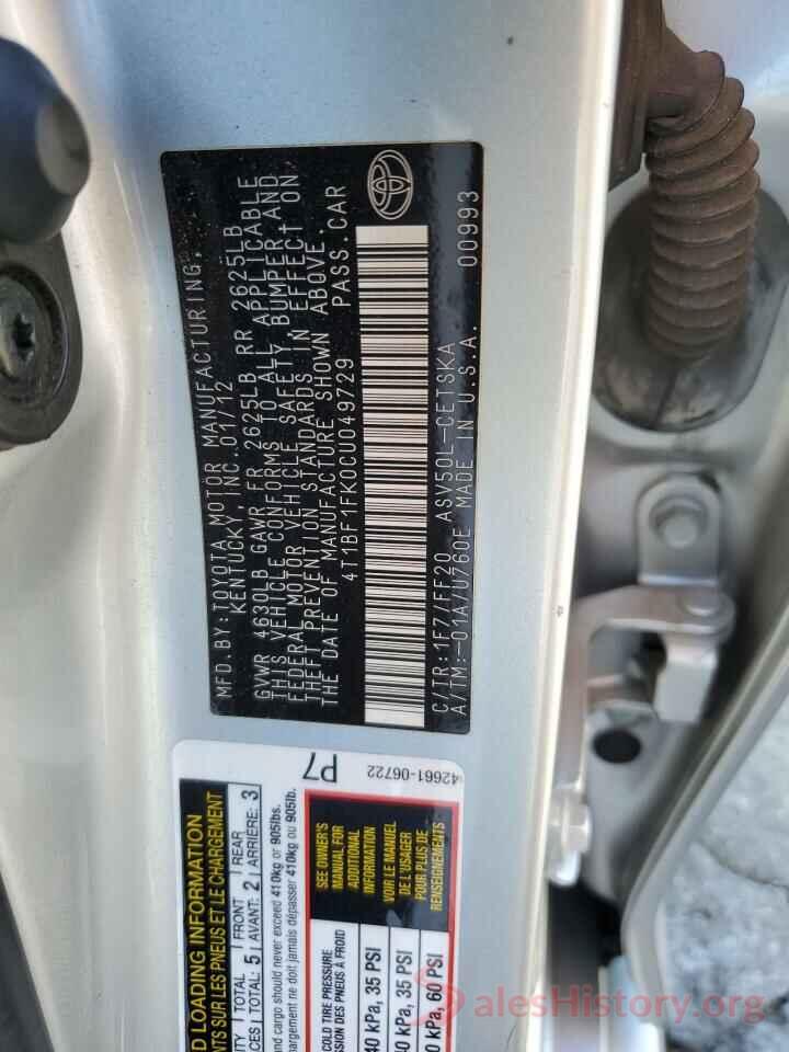 4T1BF1FK0CU049729 2012 TOYOTA CAMRY