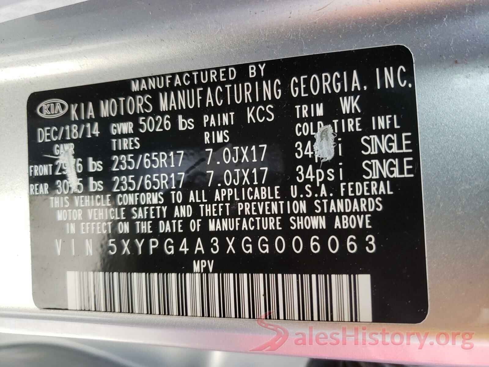 5XYPG4A3XGG006063 2016 KIA SORENTO