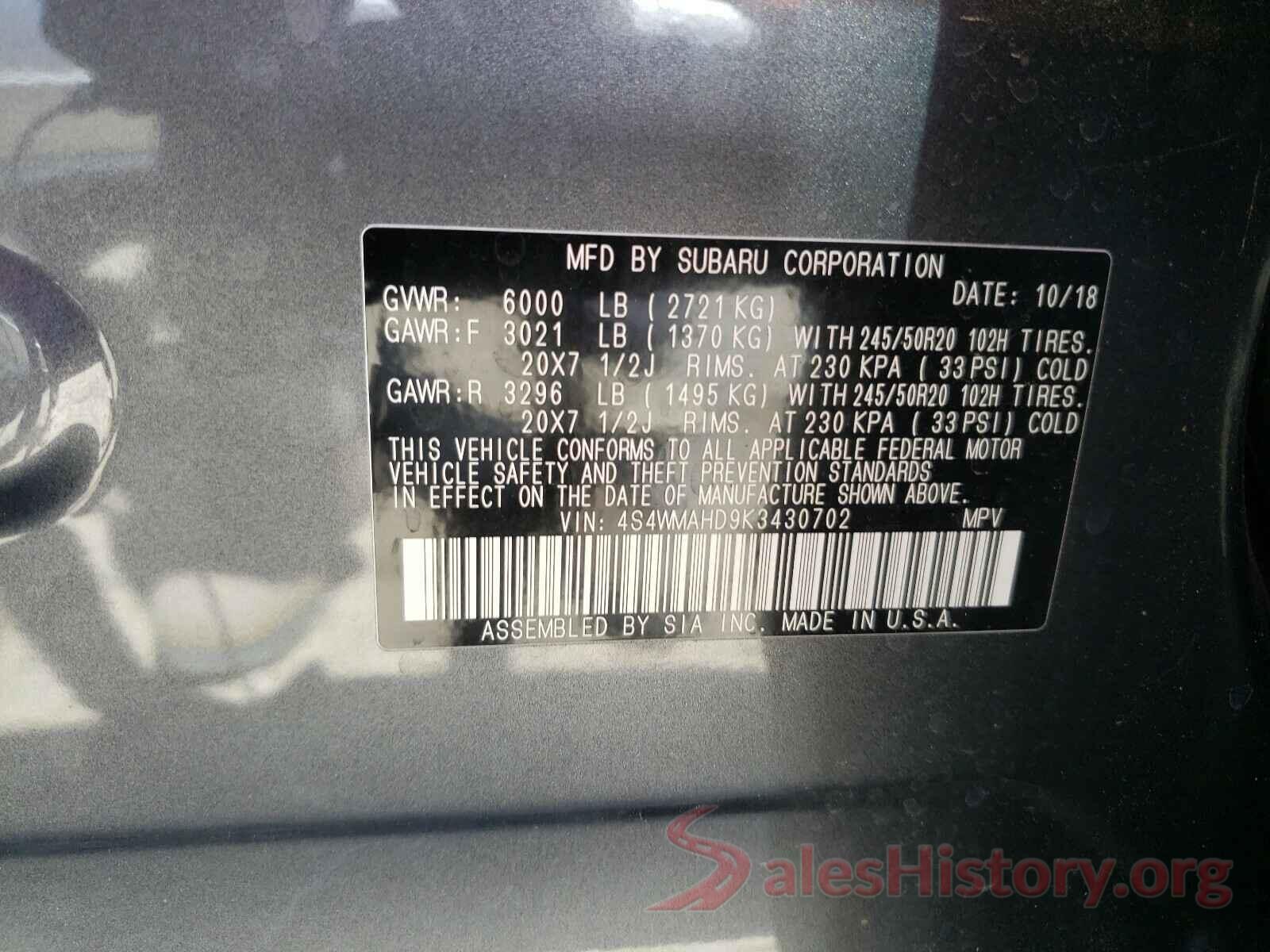 4S4WMAHD9K3430702 2019 SUBARU ALL MODELS