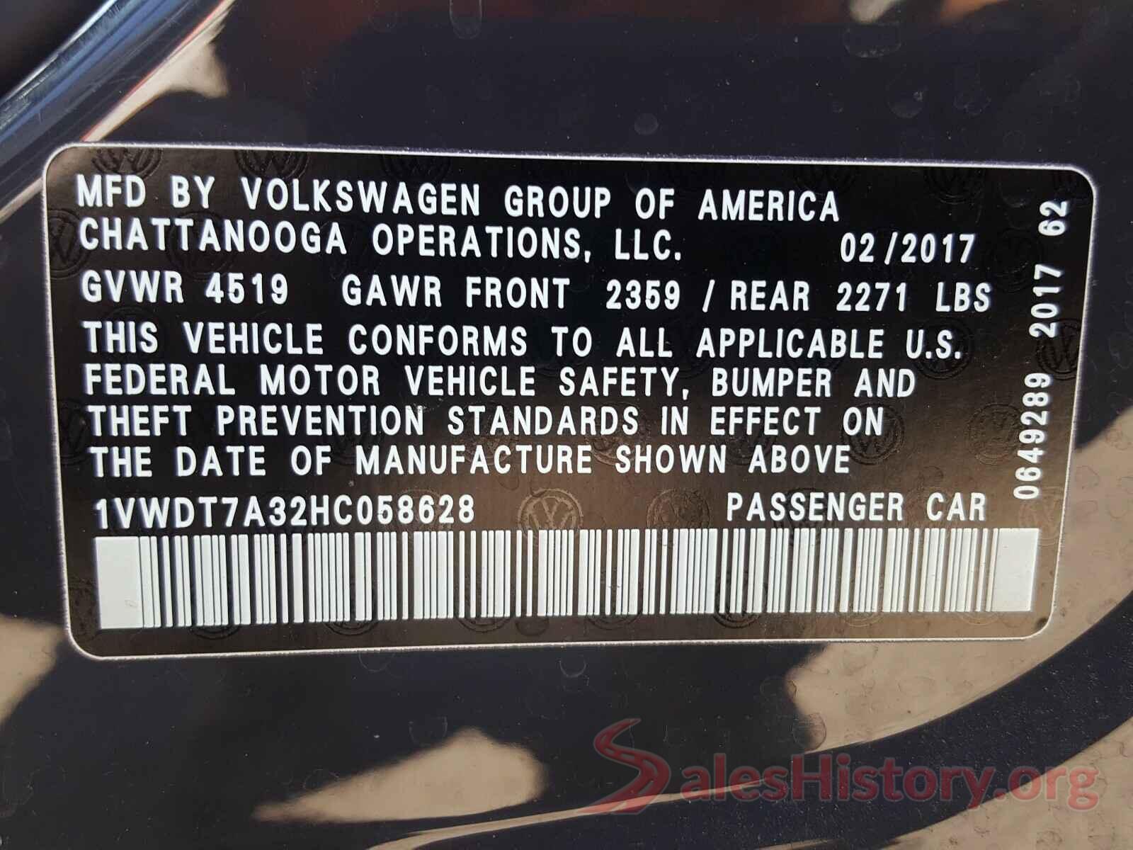 1VWDT7A32HC058628 2017 VOLKSWAGEN PASSAT