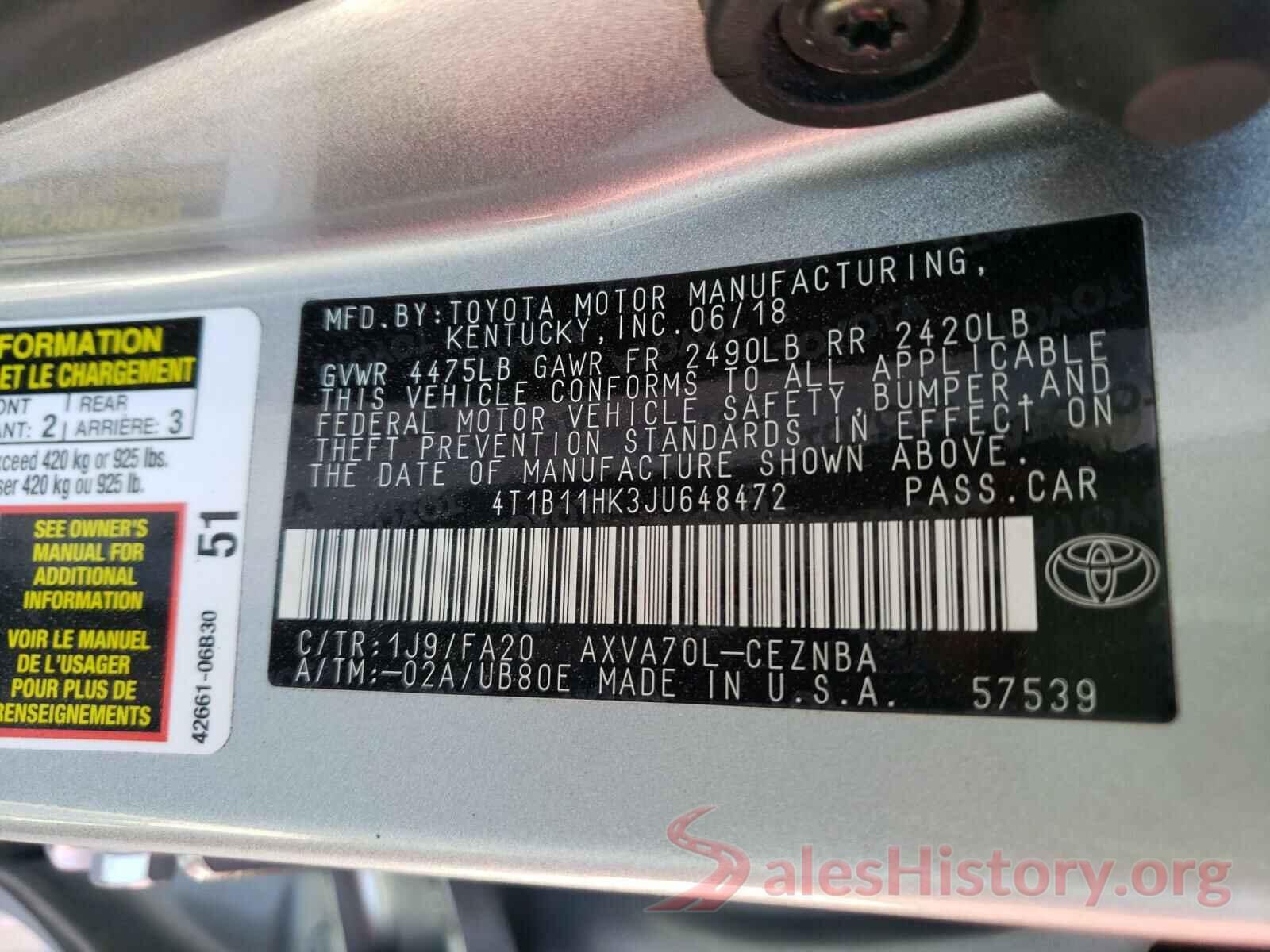 4T1B11HK3JU648472 2018 TOYOTA CAMRY