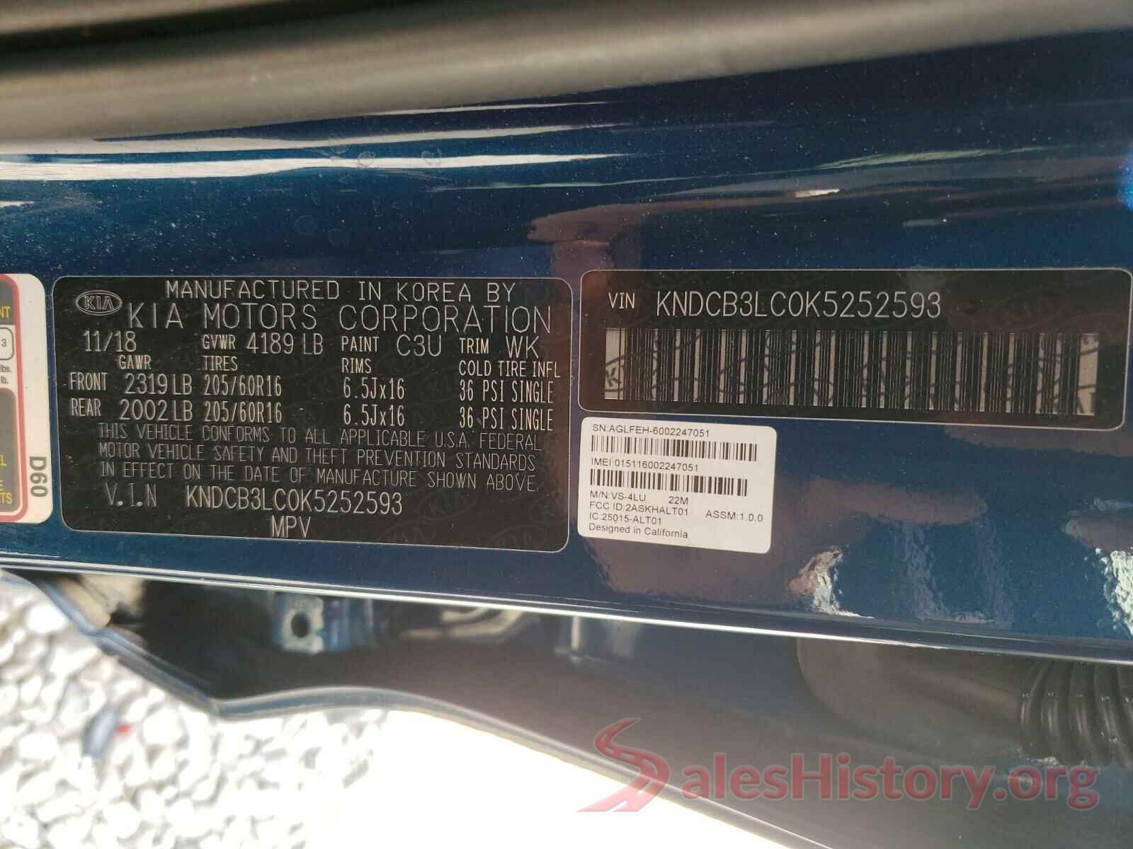 KNDCB3LC0K5252593 2019 KIA NIRO