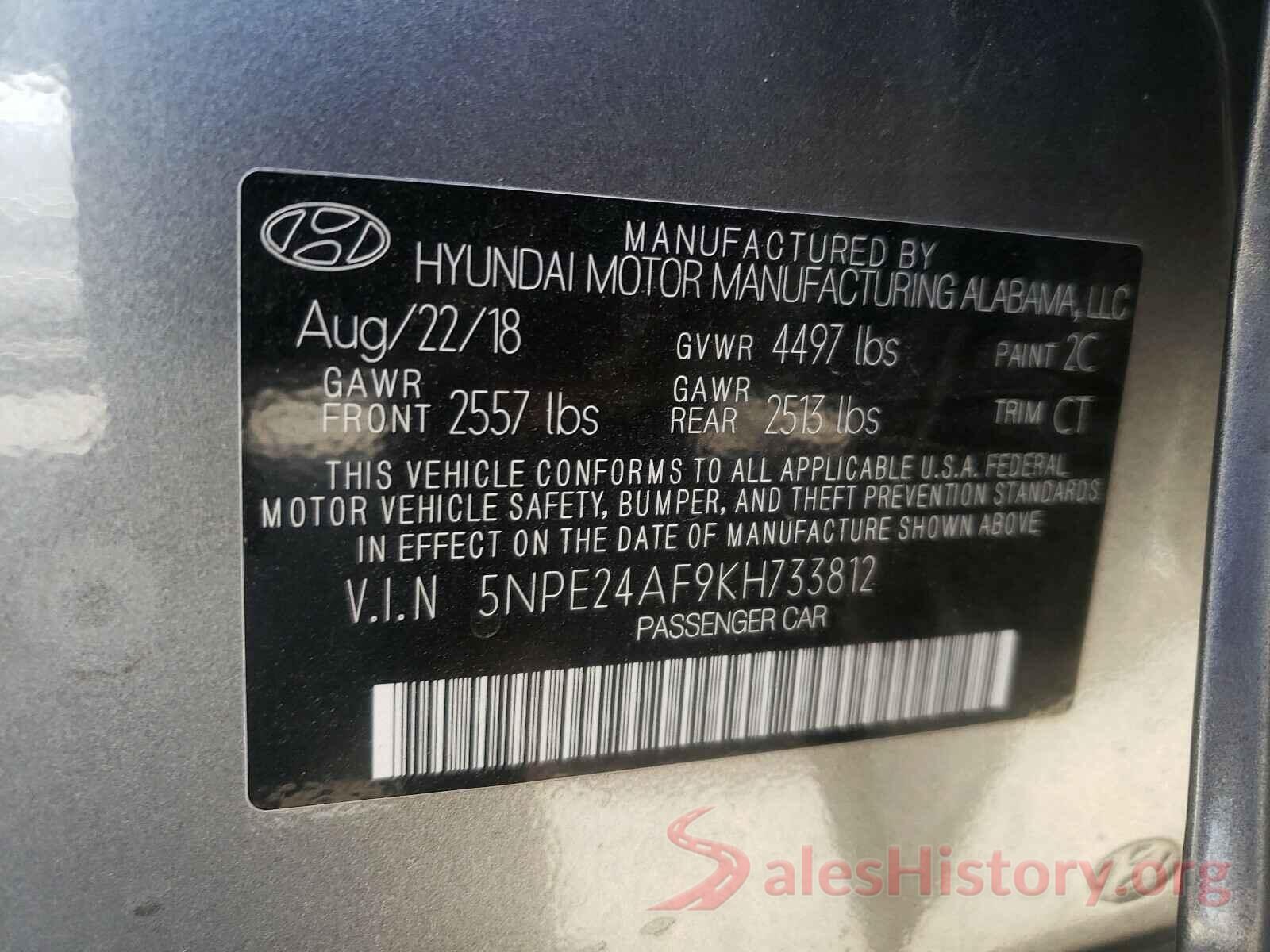 5NPE24AF9KH733812 2019 HYUNDAI SONATA