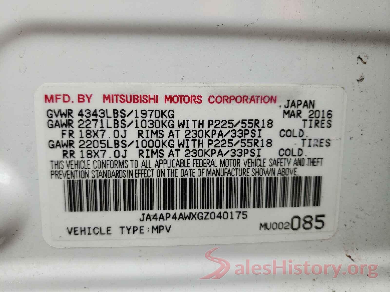 JA4AP4AWXGZ040175 2016 MITSUBISHI OUTLANDER