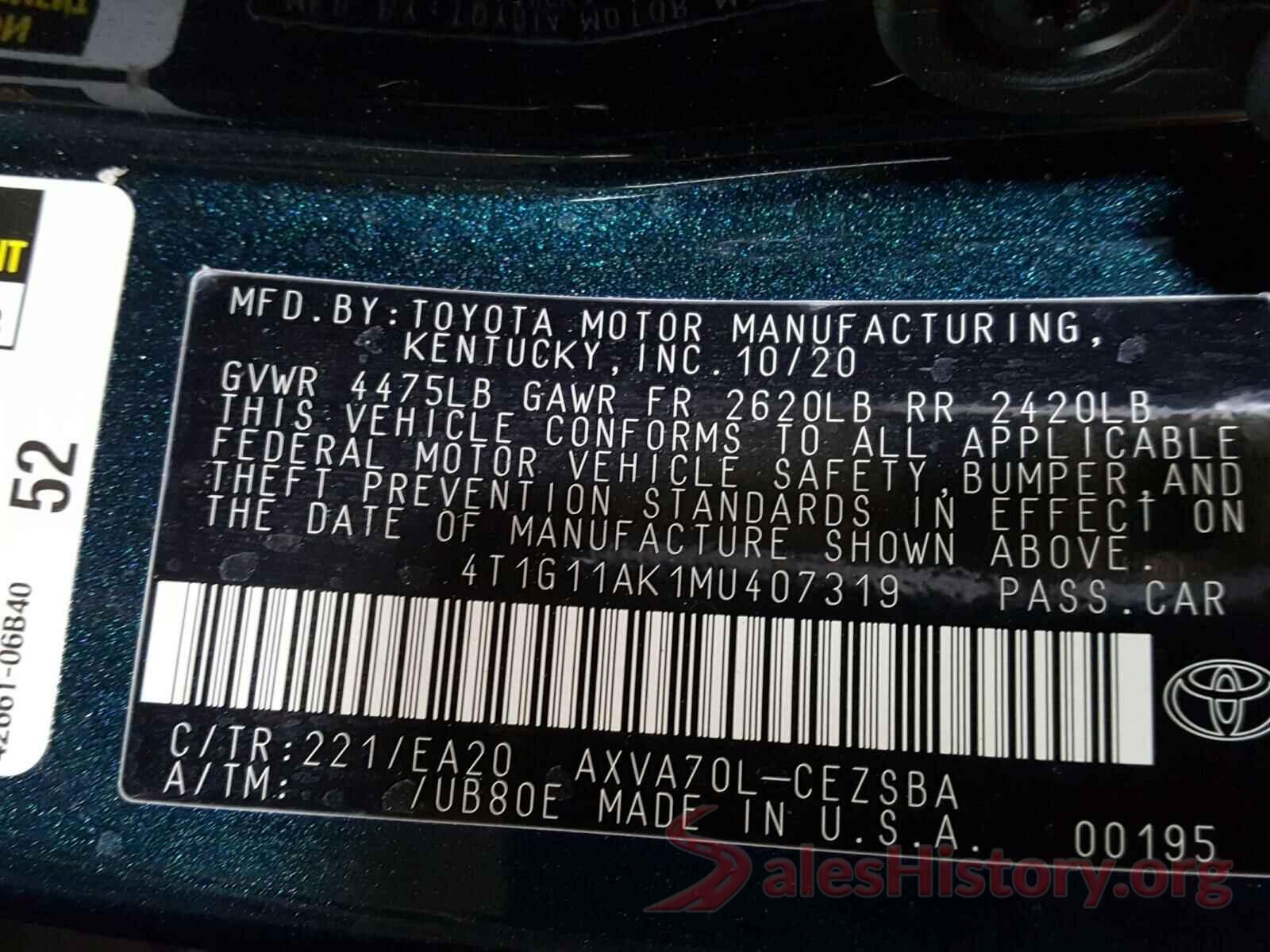 4T1G11AK1MU407319 2021 TOYOTA CAMRY