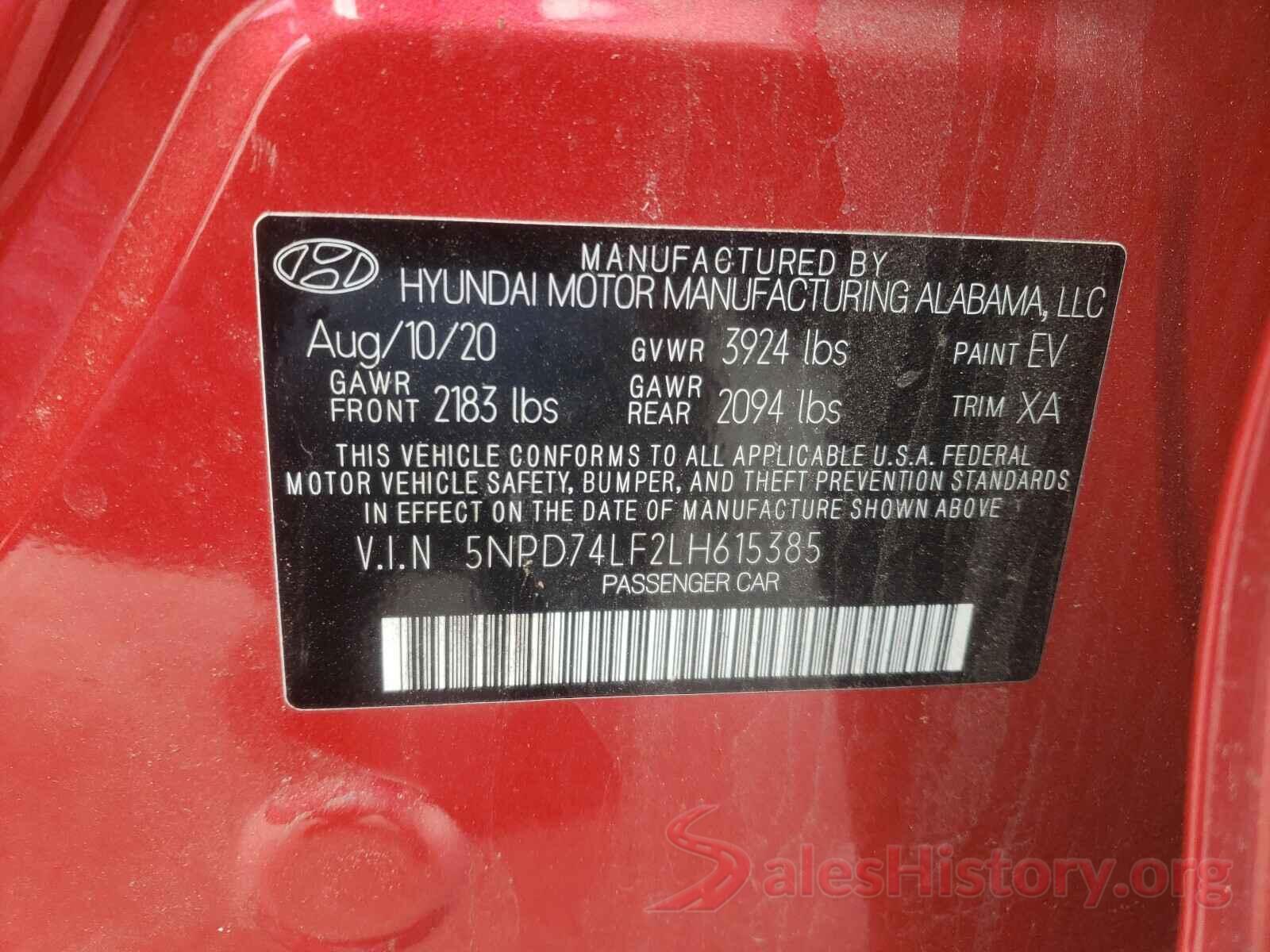 5NPD74LF2LH615385 2020 HYUNDAI ELANTRA