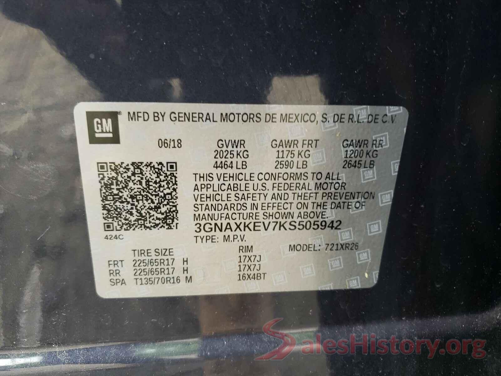 3GNAXKEV7KS505942 2019 CHEVROLET EQUINOX