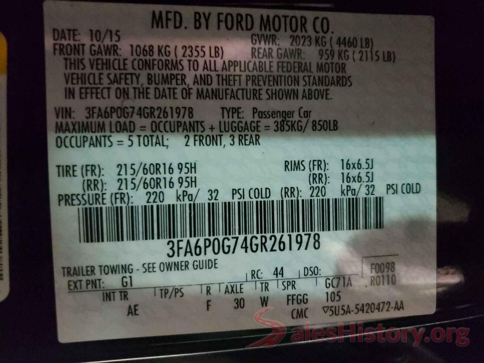 3FA6P0G74GR261978 2016 FORD FUSION