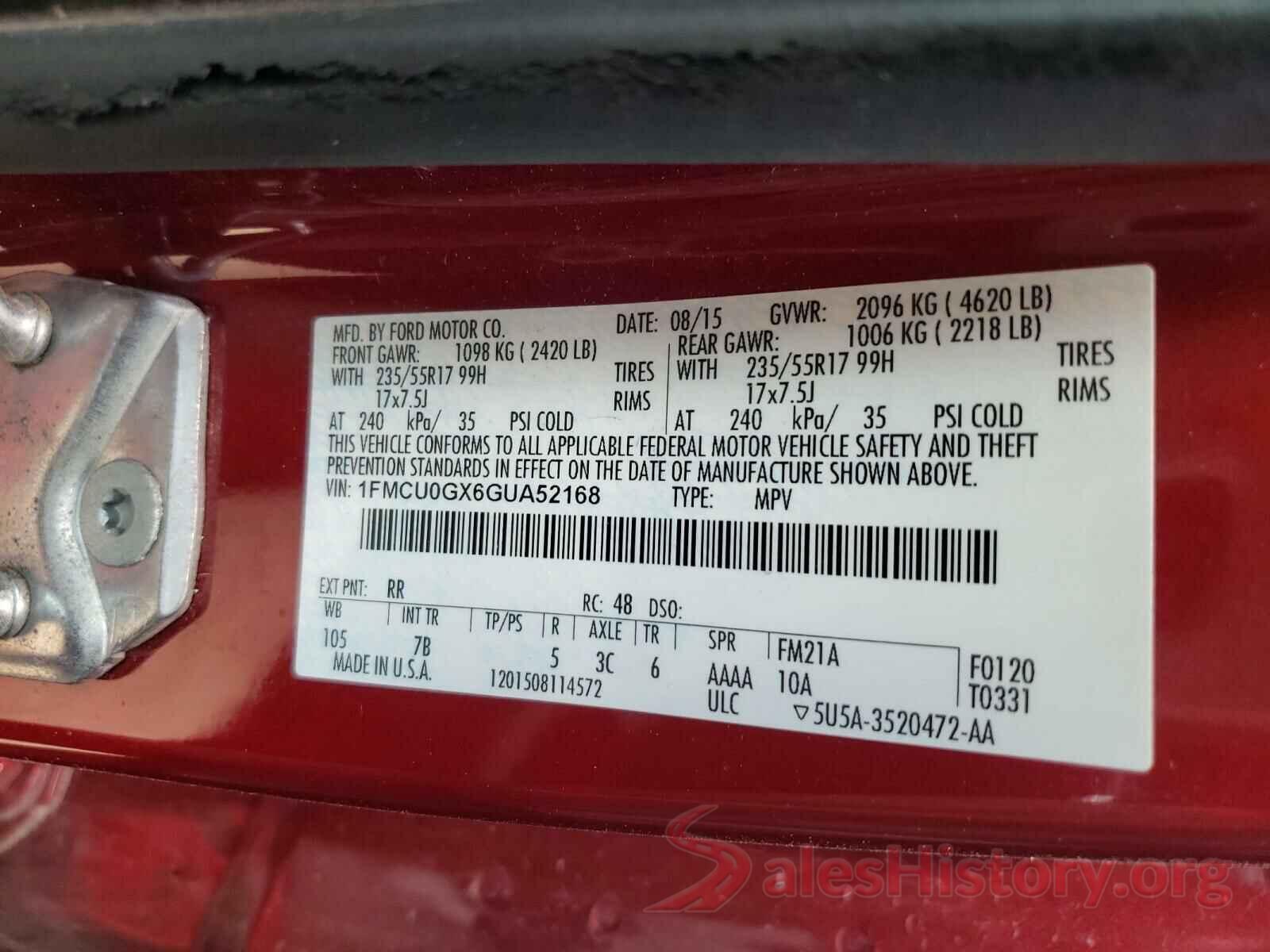 1FMCU0GX6GUA52168 2016 FORD ESCAPE