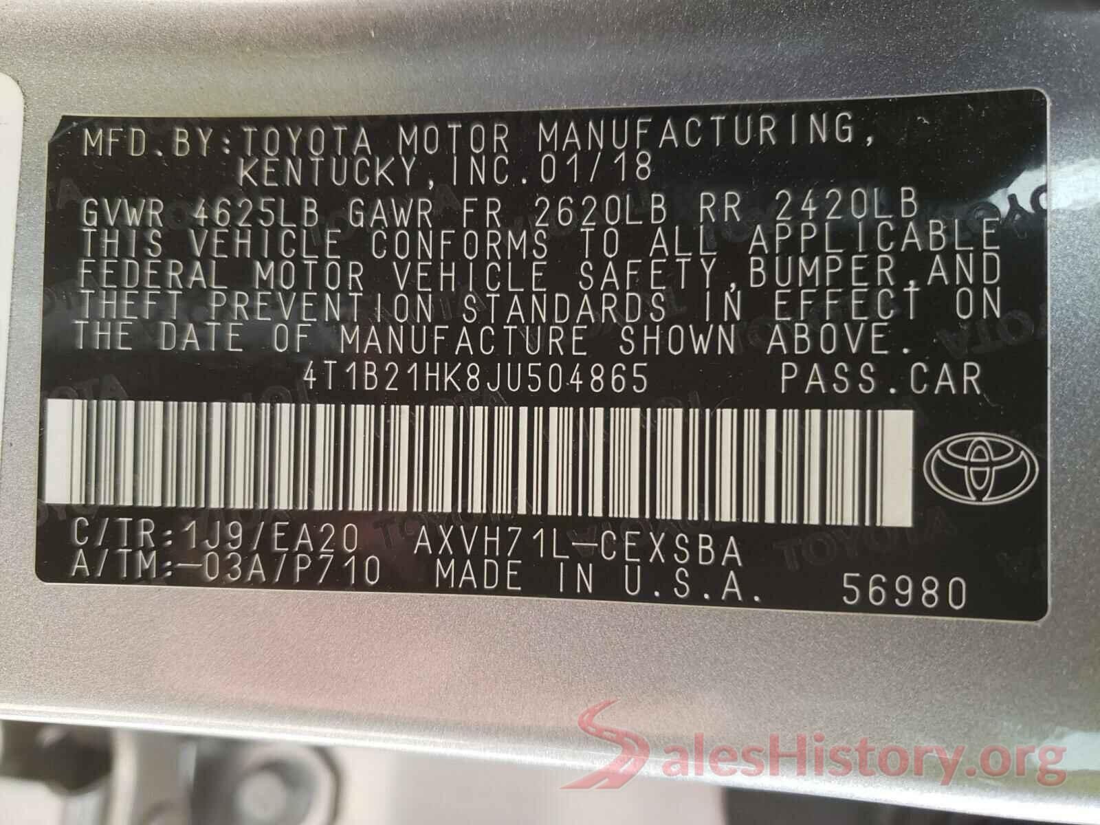 4T1B21HK8JU504865 2018 TOYOTA CAMRY