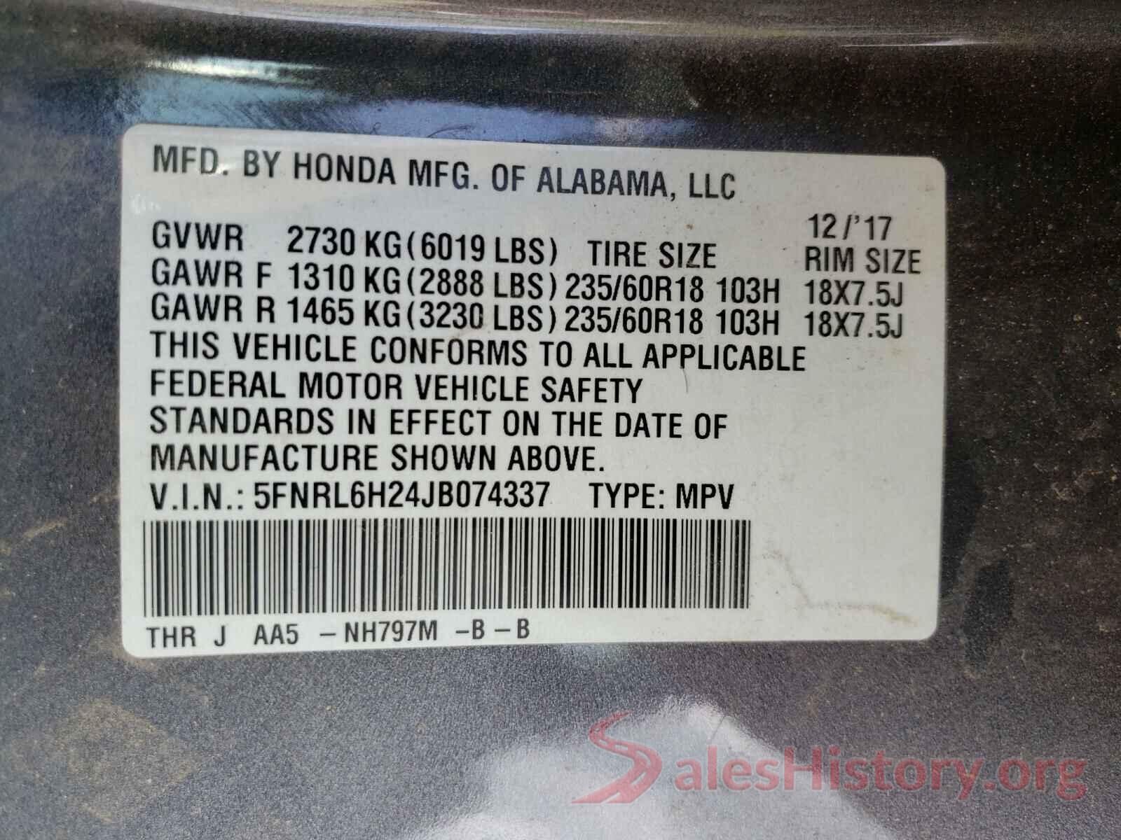 5FNRL6H24JB074337 2018 HONDA ODYSSEY