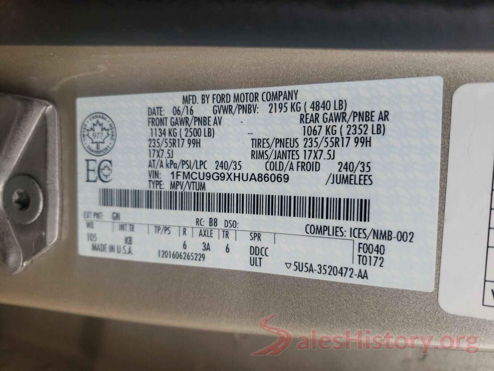 1FMCU9G9XHUA86069 2017 FORD ESCAPE