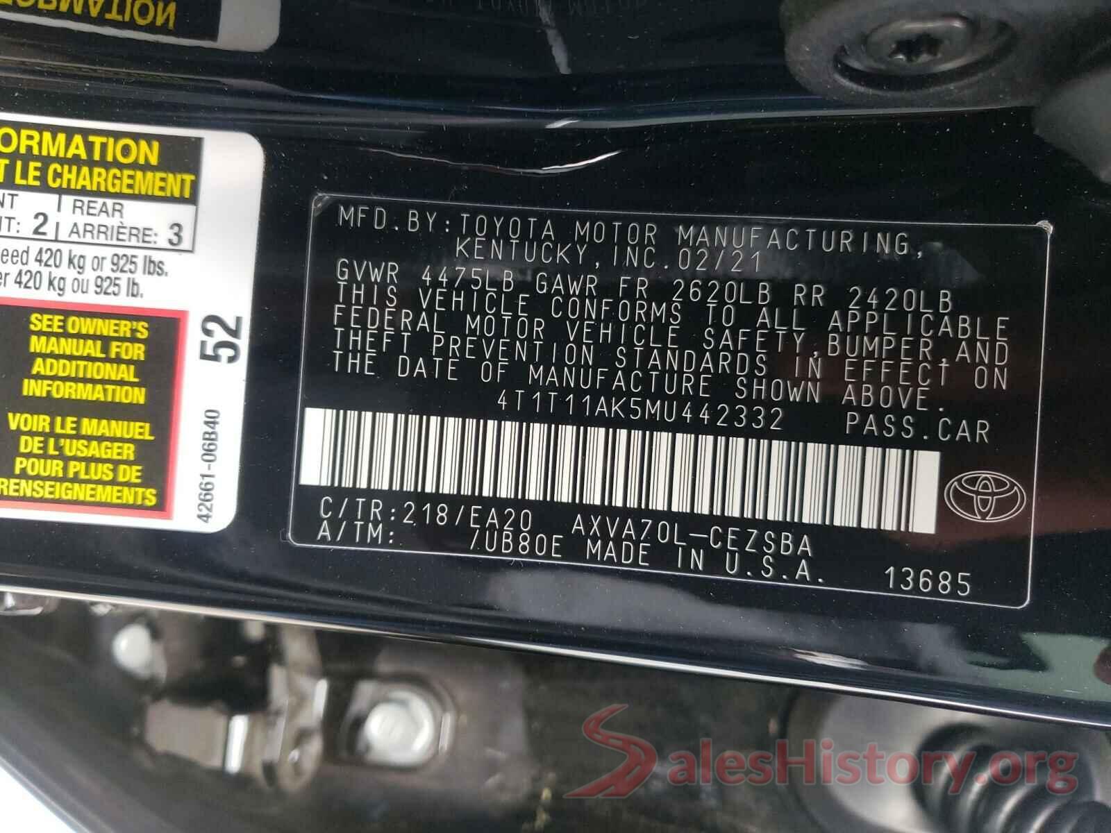 4T1T11AK5MU442332 2021 TOYOTA CAMRY