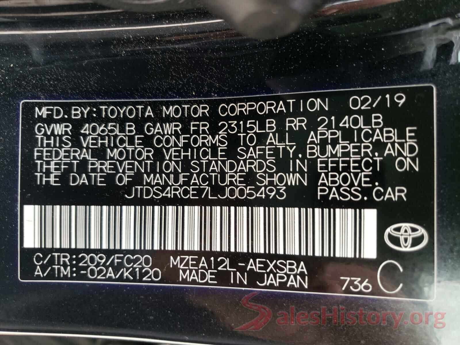 JTDS4RCE7LJ005493 2020 TOYOTA COROLLA