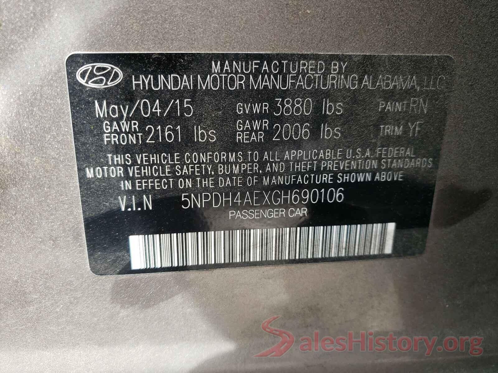 5NPDH4AEXGH690106 2016 HYUNDAI ELANTRA