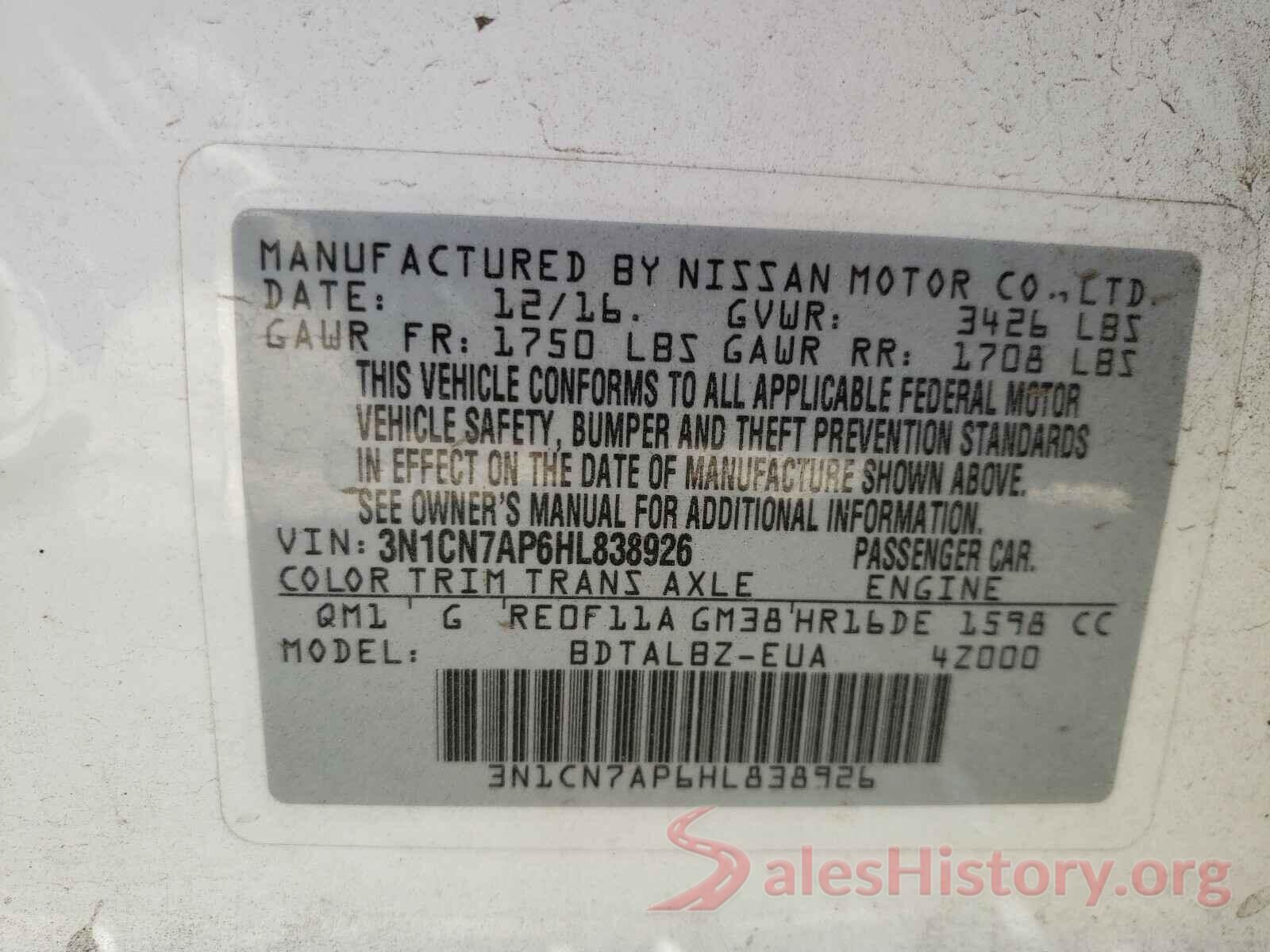 3N1CN7AP6HL838926 2017 NISSAN VERSA